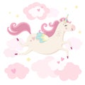 Cute magical unicorn in pink clouds. Little princess theme. Vector hand drawn illustration Royalty Free Stock Photo